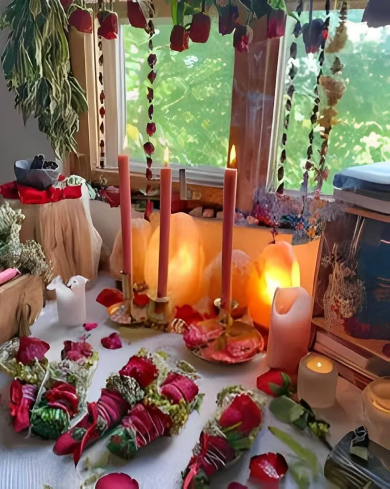 Altar blanco preparado para ritual de retorno de pareja